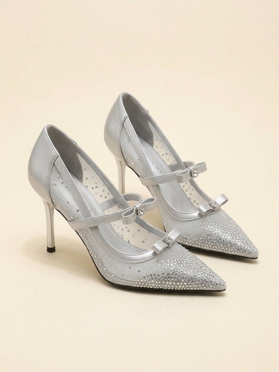 Mesh Rhinestone Bow Mary Jane Pointed Toe Stiletto Pumps