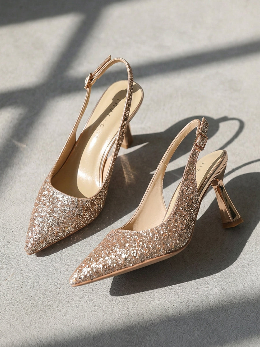 Glitter Pointed Toe Slingback Flared Heels