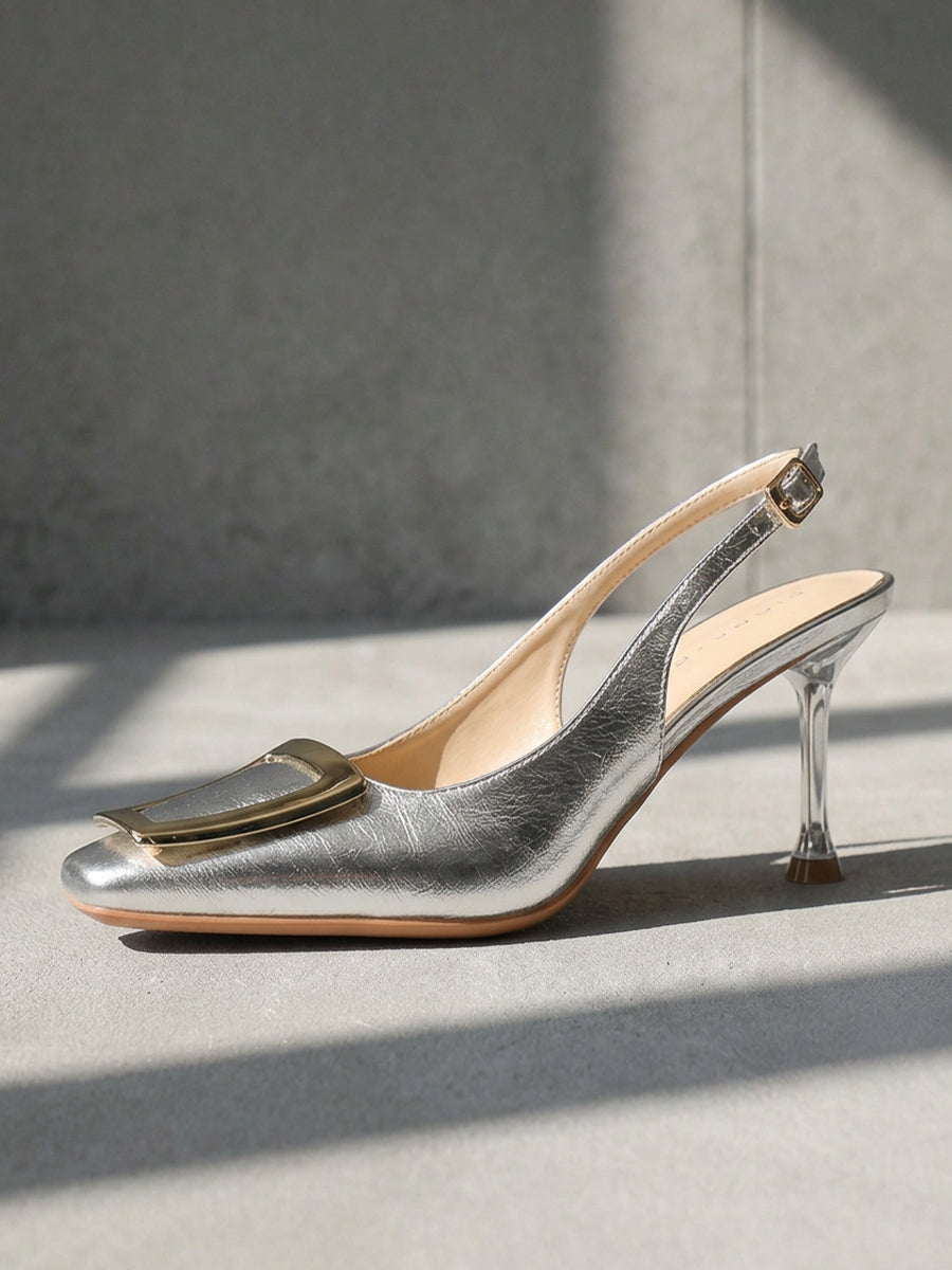 Metallic Square Toe Slingback Stiletto Heels with Metal Buckle