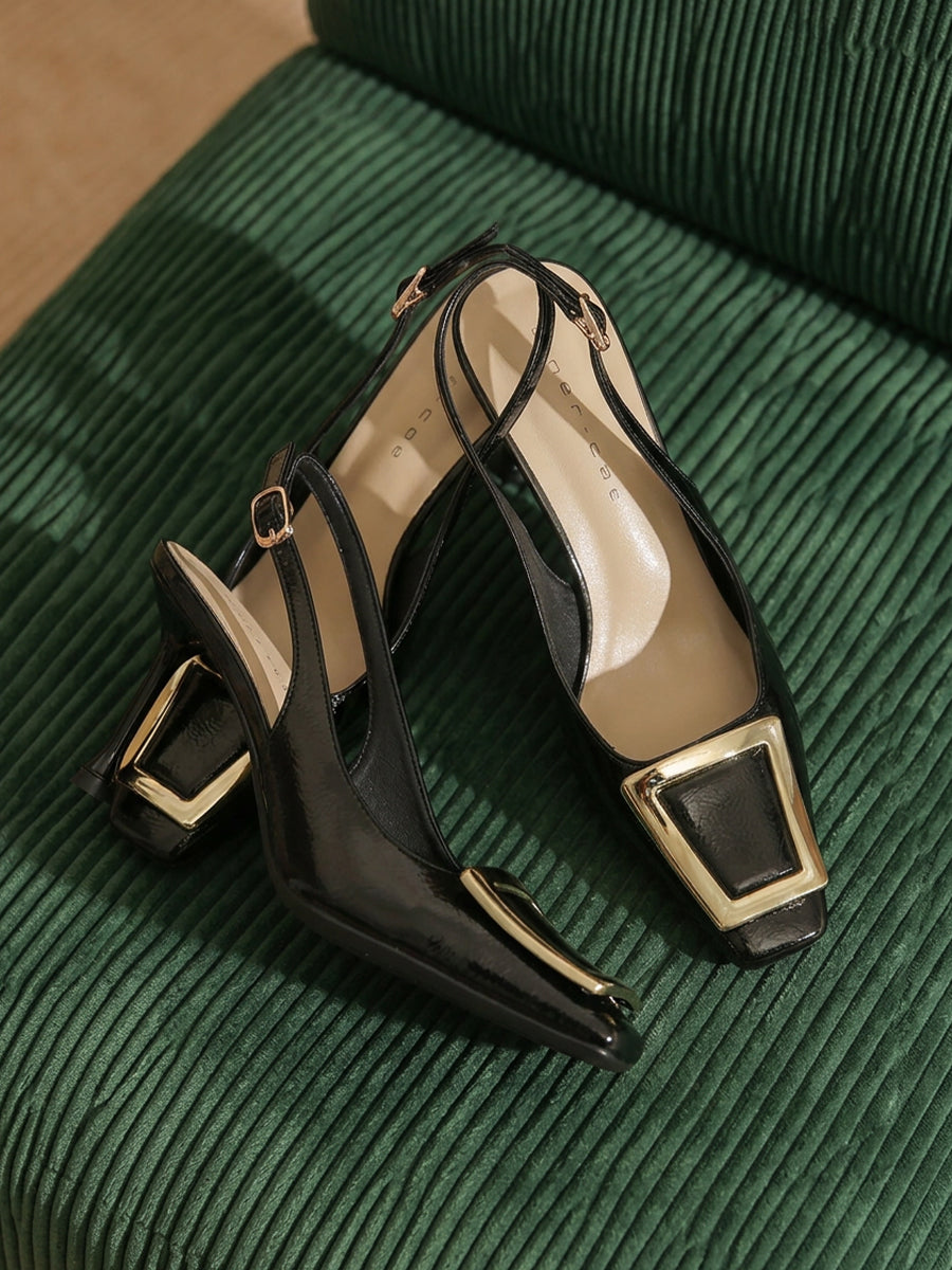 Metallic Square Toe Slingback Stiletto Heels with Metal Buckle