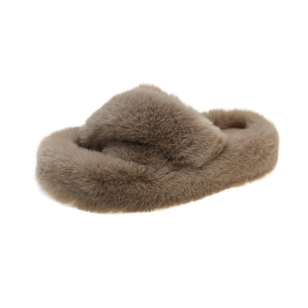 Fuzzy Slippers Women Cross Strap Low Thick Sole Outdoor Indoor