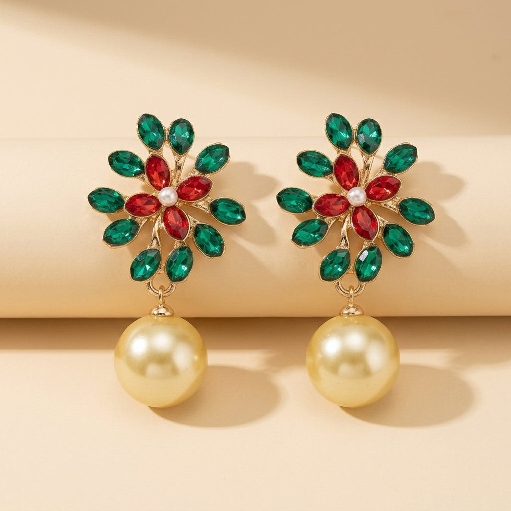 Gold Multicolor Rhinestone Flower Imitation Pearl Drop Earrings For Wedding Evening Party