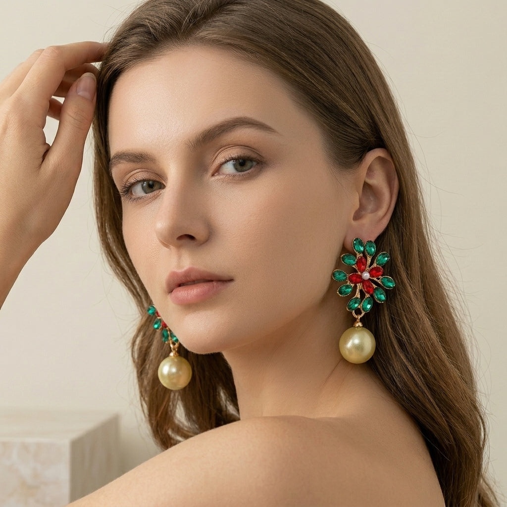 Gold Multicolor Rhinestone Flower Imitation Pearl Drop Earrings For Wedding Evening Party