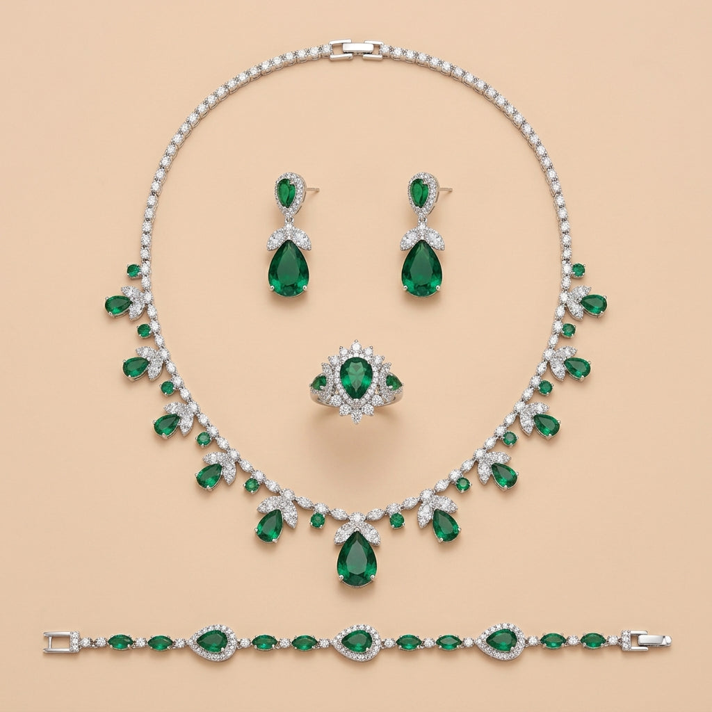 Silver Tone Teardrop Green Rhinestone Jewelry Set For Wedding Evening Party