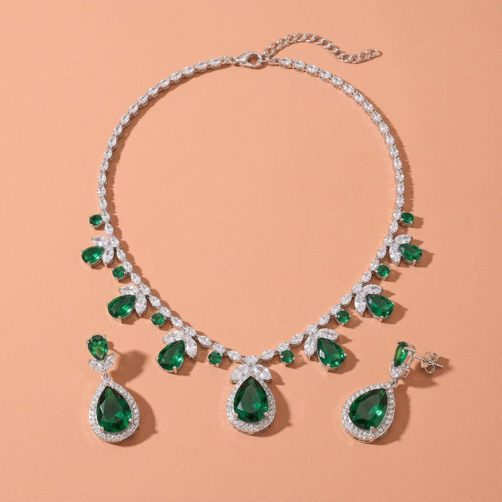 Silver Tone Teardrop Green Rhinestone Jewelry Set For Wedding Evening Party