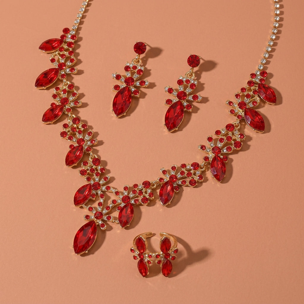 Gold Tone Marquise Red Rhinestone Floral Necklace Earrings Ring Jewelry Set For Wedding Evening Party