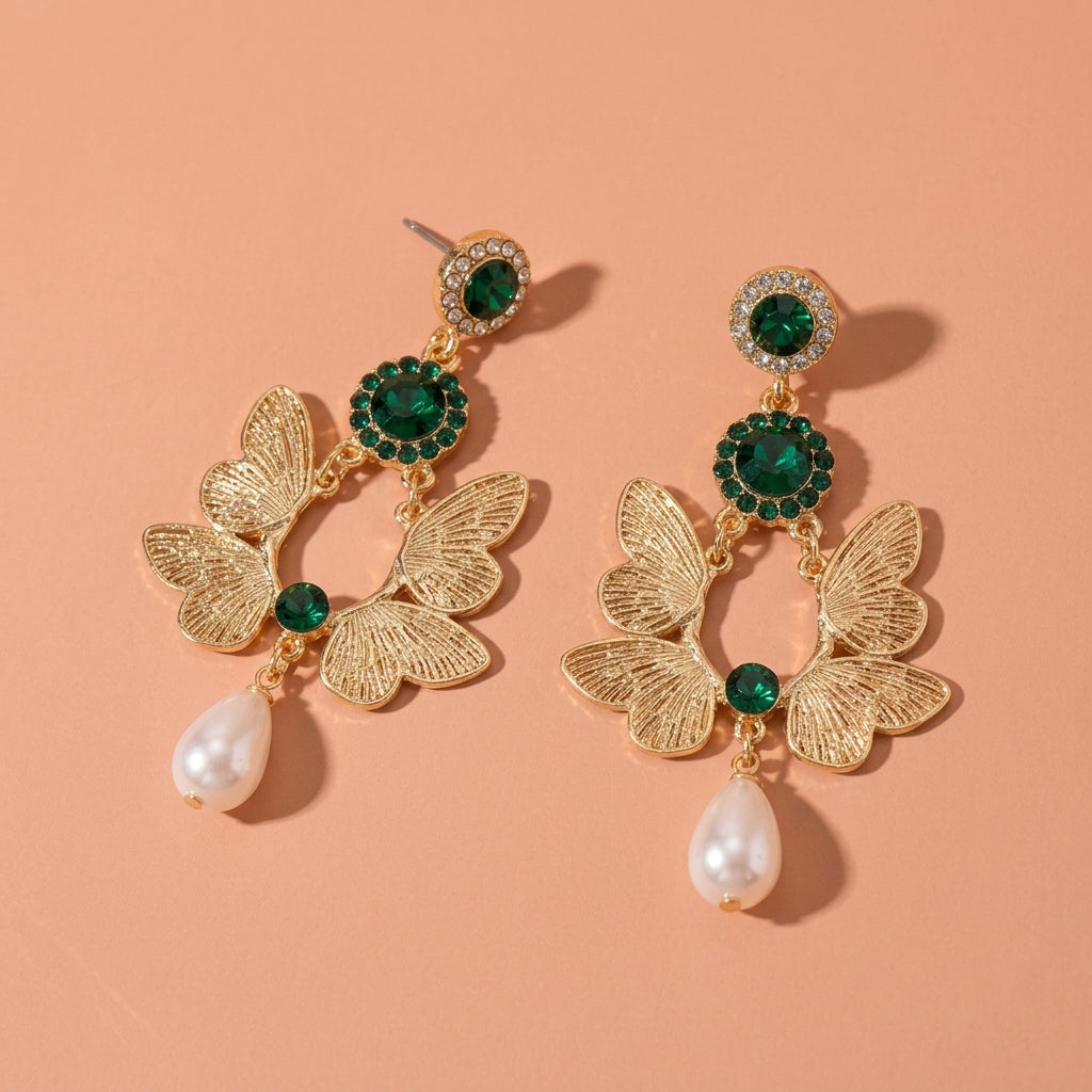 Gold Butterfly Green Rhinestone Teardrop Pearl Drop Earrings For Wedding Evening Party