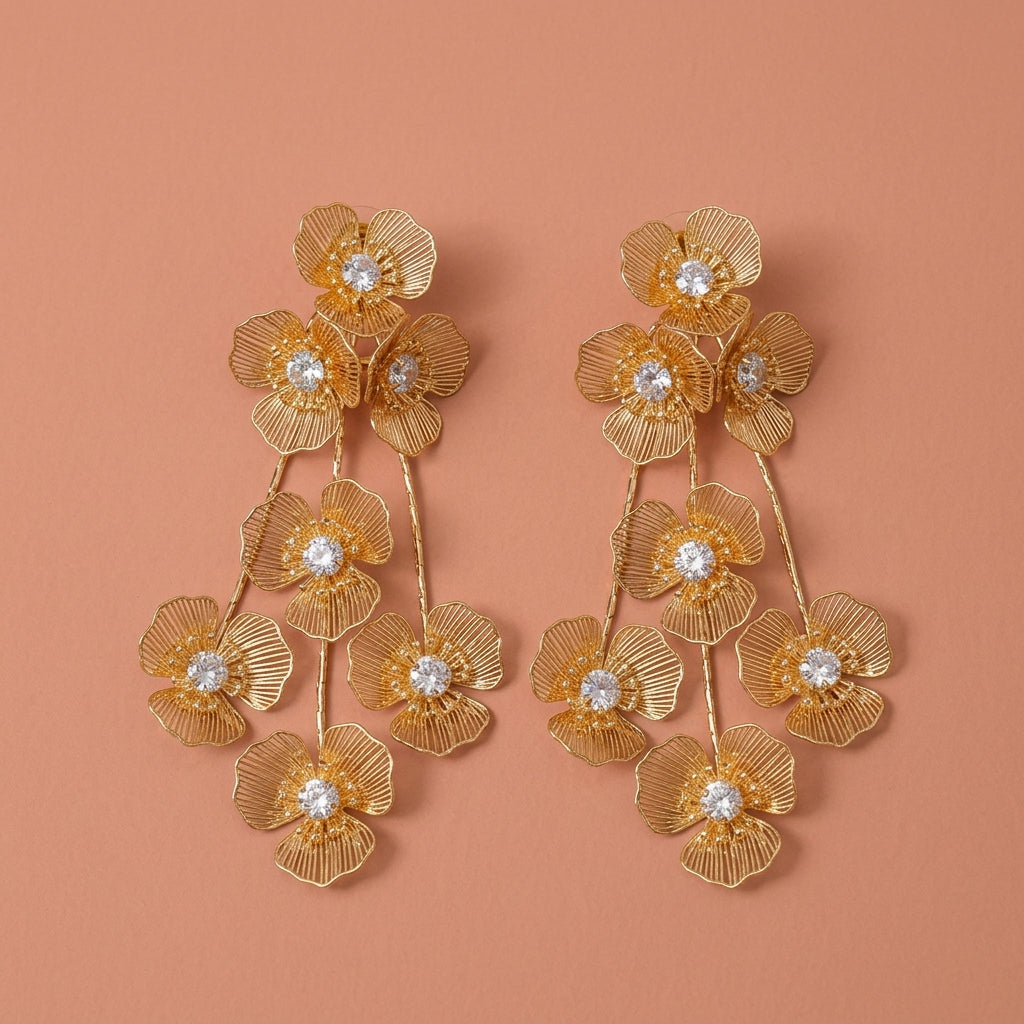 Gold Wire Metal Floral Tassel Drop Earrings With Clear Rhinestone For Wedding Evening Party