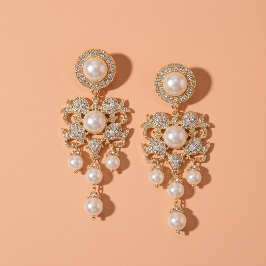 Gold Tone Vintage Ornate Pearl Rhinestone Tassel Drop Earrings For Wedding Evening Party