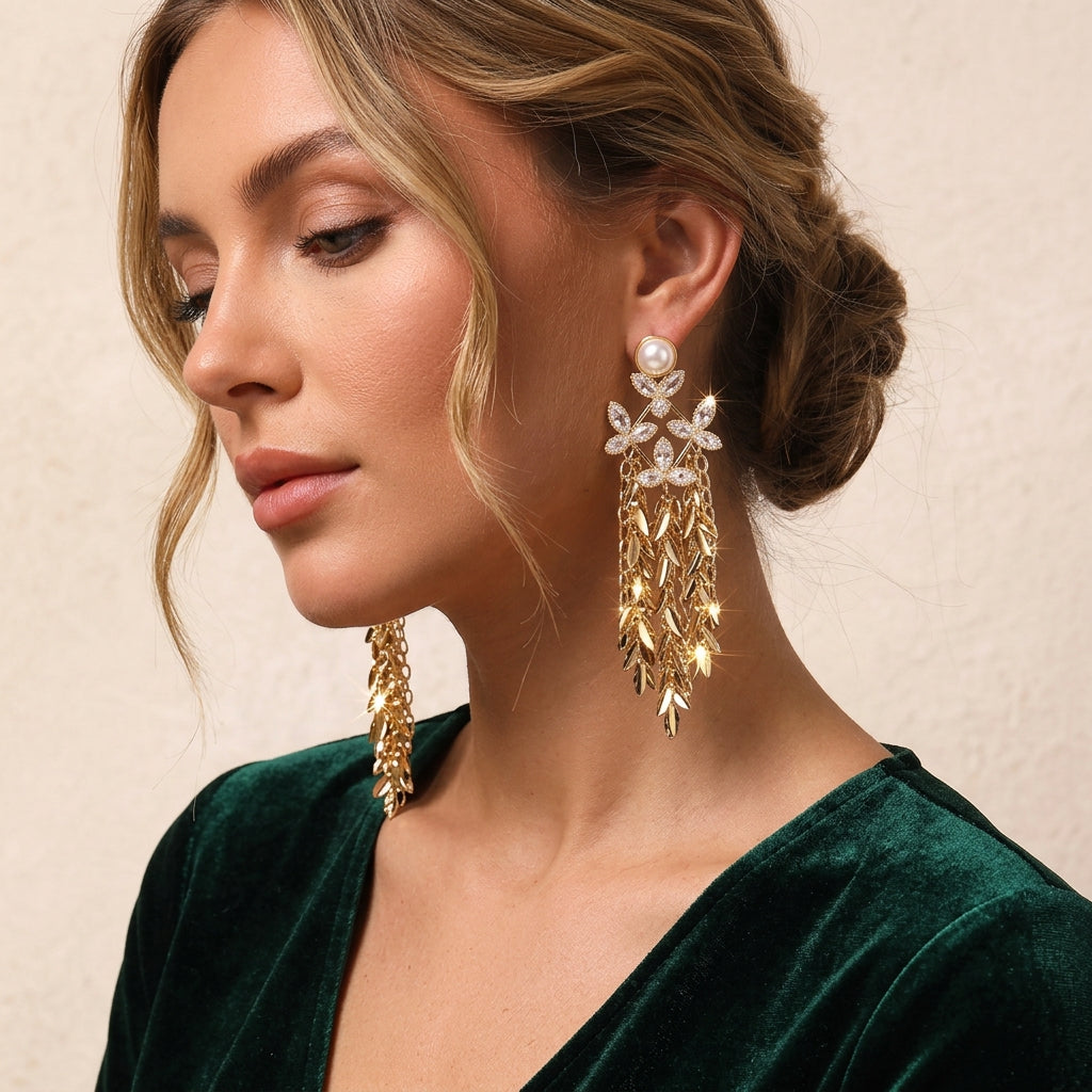 Gold Tone Pearl Rhinestone Leaf Metal Tassel Drop Earrings For Wedding Evening Party