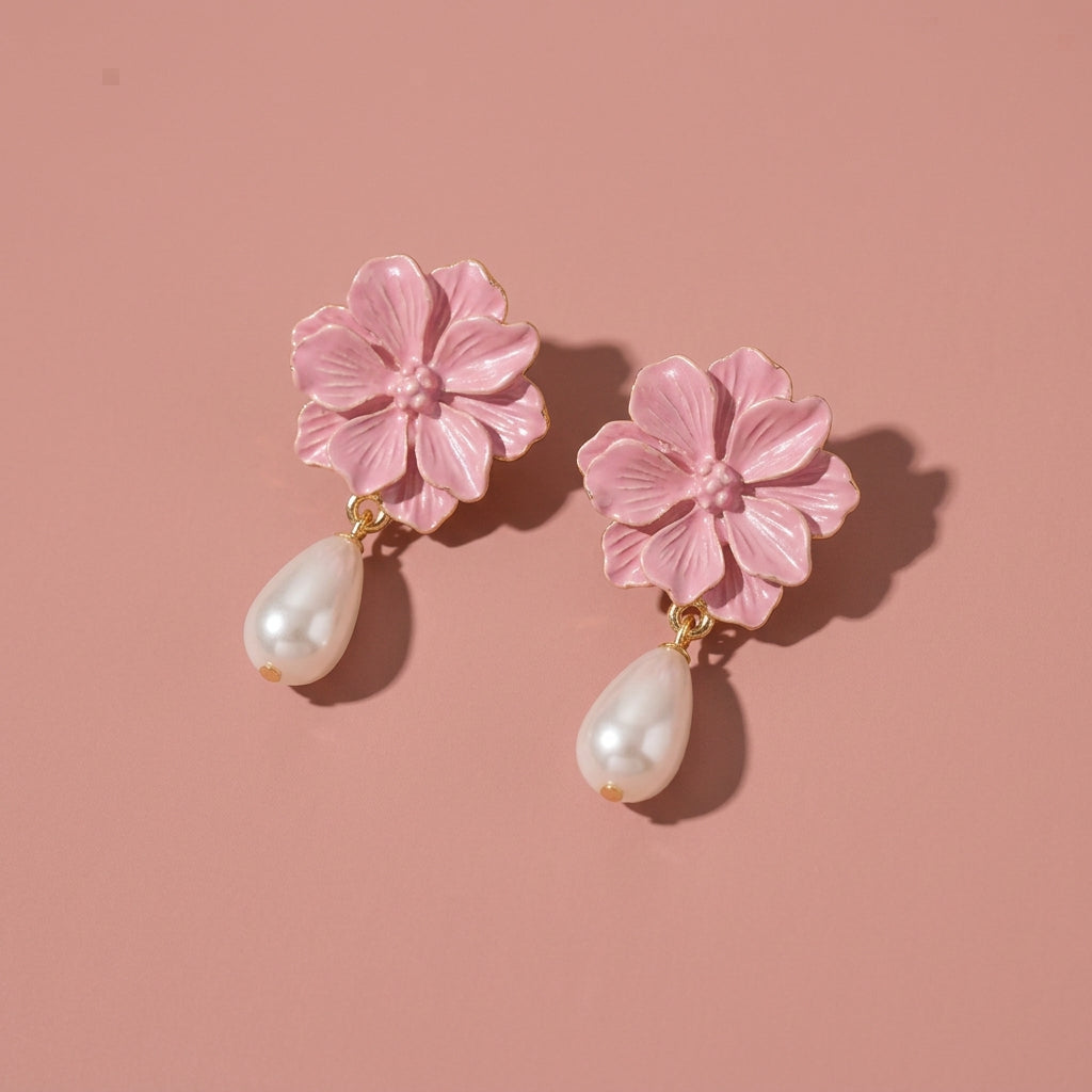 Pink Enamel Flower Teardrop Pearl Drop Earrings For Wedding Evening Party
