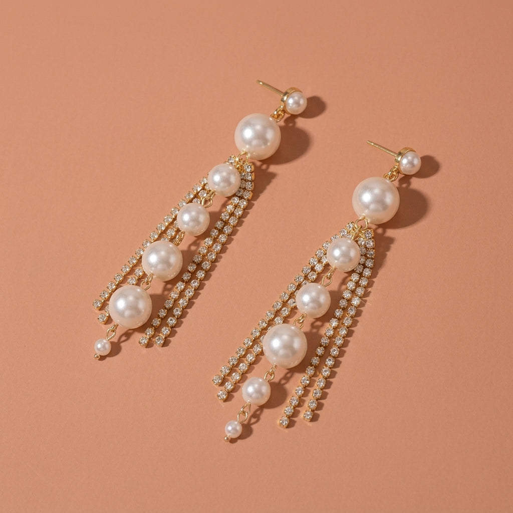 Gradient Size Pearl Rhinestone Tassel Drop Earrings For Wedding Evening Party