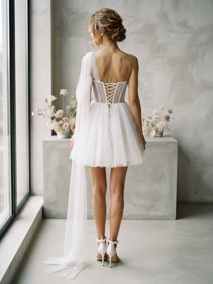 One-Shoulder Tulle A-Line Bridal Gowns Short Length Corset Bodice Wedding Dresses