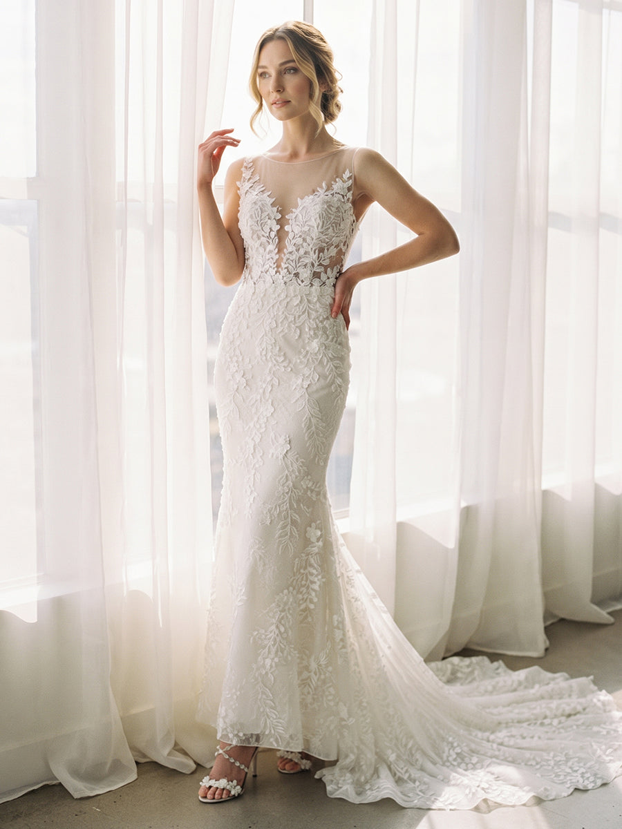 Lace Mermaid Bateau Bridal Gowns with Sweep Train Deep V Back Lace Appliques Wedding Dresses
