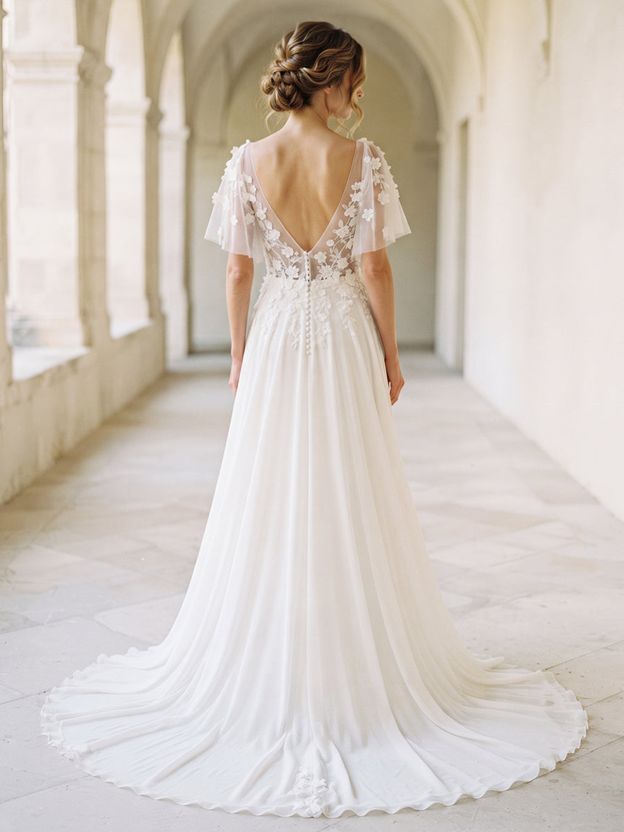 Chiffon A Line V-Neck Bridal Gowns Flutter Sleeve Wedding Dresses with Lace Appliques