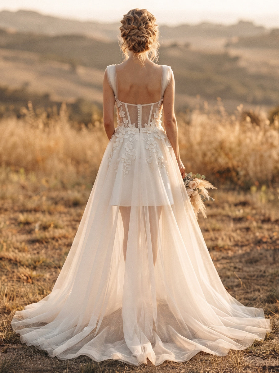 Tulle Sweetheart A-Line Bridal Gowns High Low Lace Appliques Wedding Dresses