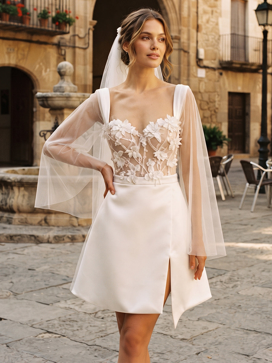 Tulle A-Line Mini Bridal Gowns Sweetheart Wedding Dresses with Sheer Tulle Sleeves