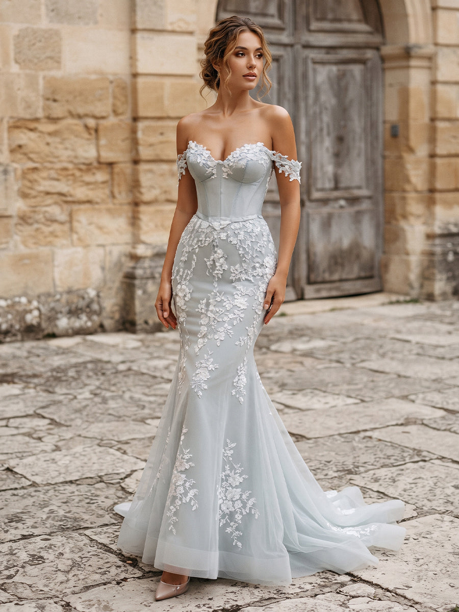 Tulle Mermaid Bridal Gowns with Sweep Train Sweetheart Lace Appliques Wedding Dresses