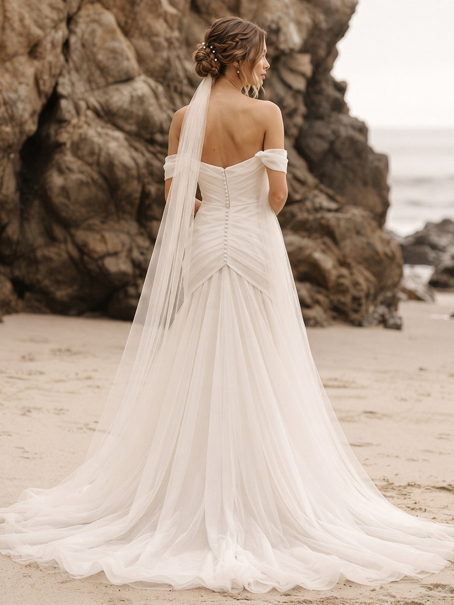 Tulle Mermaid Off-the-Shoulder Bridal Gowns Floor Length Ruched Wedding Dresses