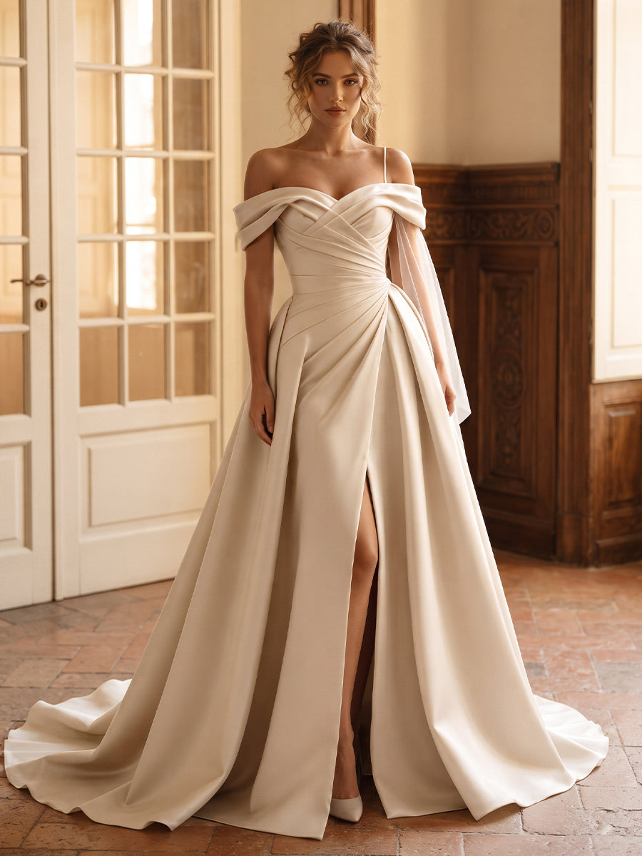 Satin Off-the-Shoulder Bridal Gowns Ruched Detachable Train Wedding Dresses