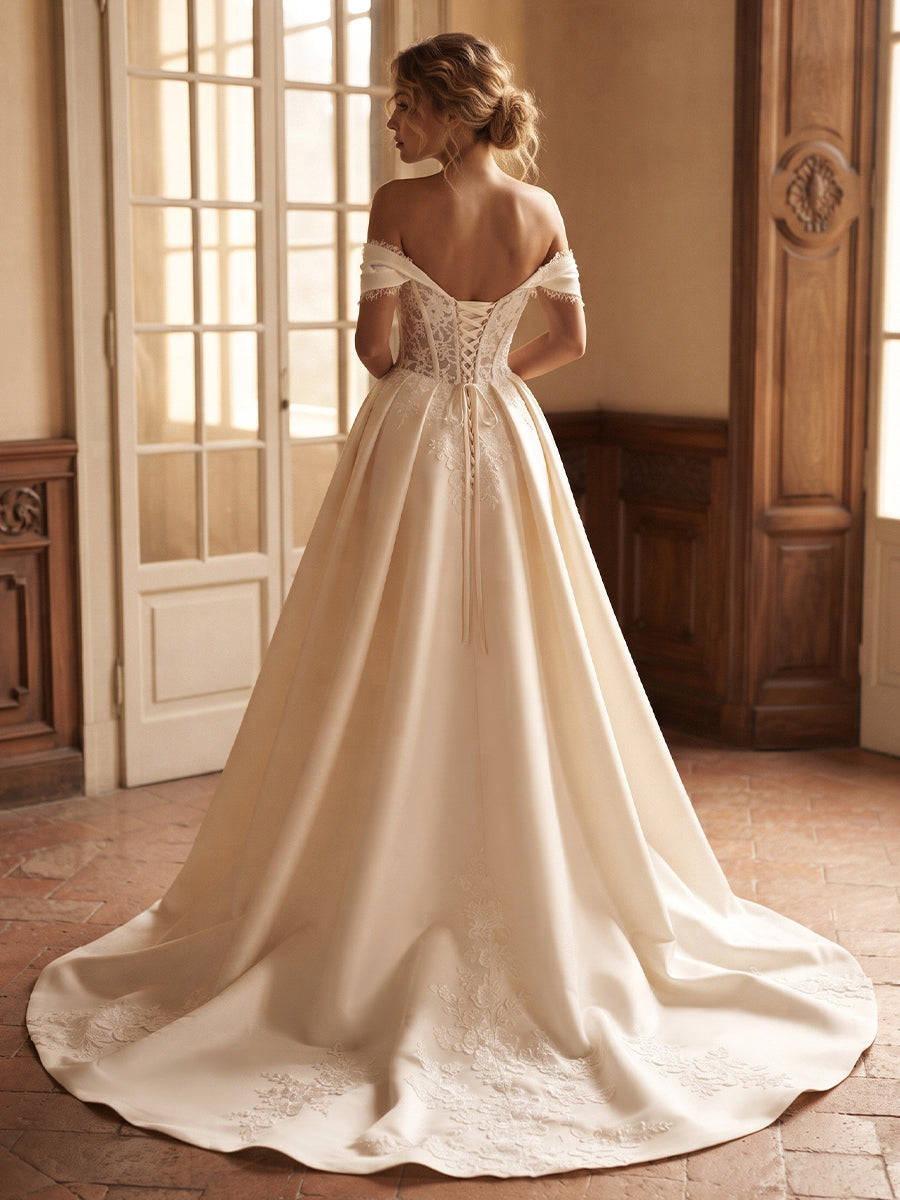 Satin Off-the-Shoulder Bridal Gowns with Chapel Train Corset Bodice Wedding Dresses