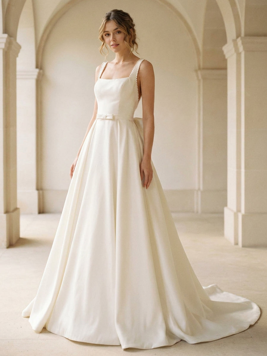Satin A-Line Square Bridal Gowns Floor Length Wedding Dresses with Beadings