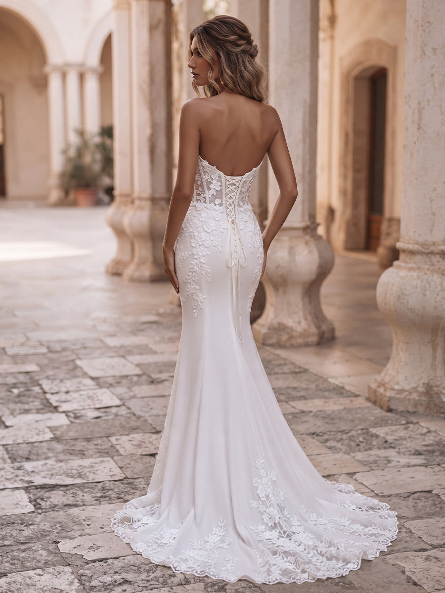 Mermaid Tulle Strapless Bridal Gowns Lace Appliques Illusion Back Wedding Dresses