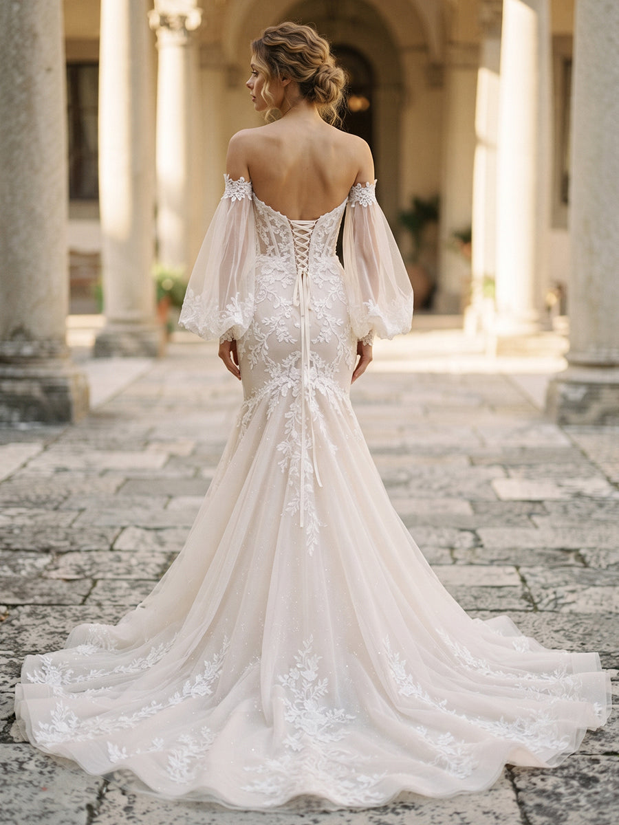Tulle Mermaid Bridal Gowns High Slit Corset Bodice Wedding Dresses with Bell Sleeves