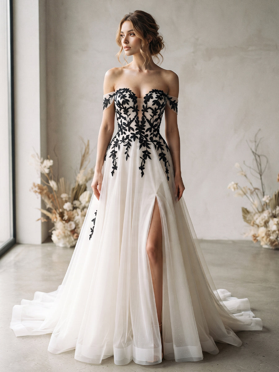 Tulle A-Line Off-the-Shoulder Bridal Gowns Floor Length Deep V Neck Wedding Dresses