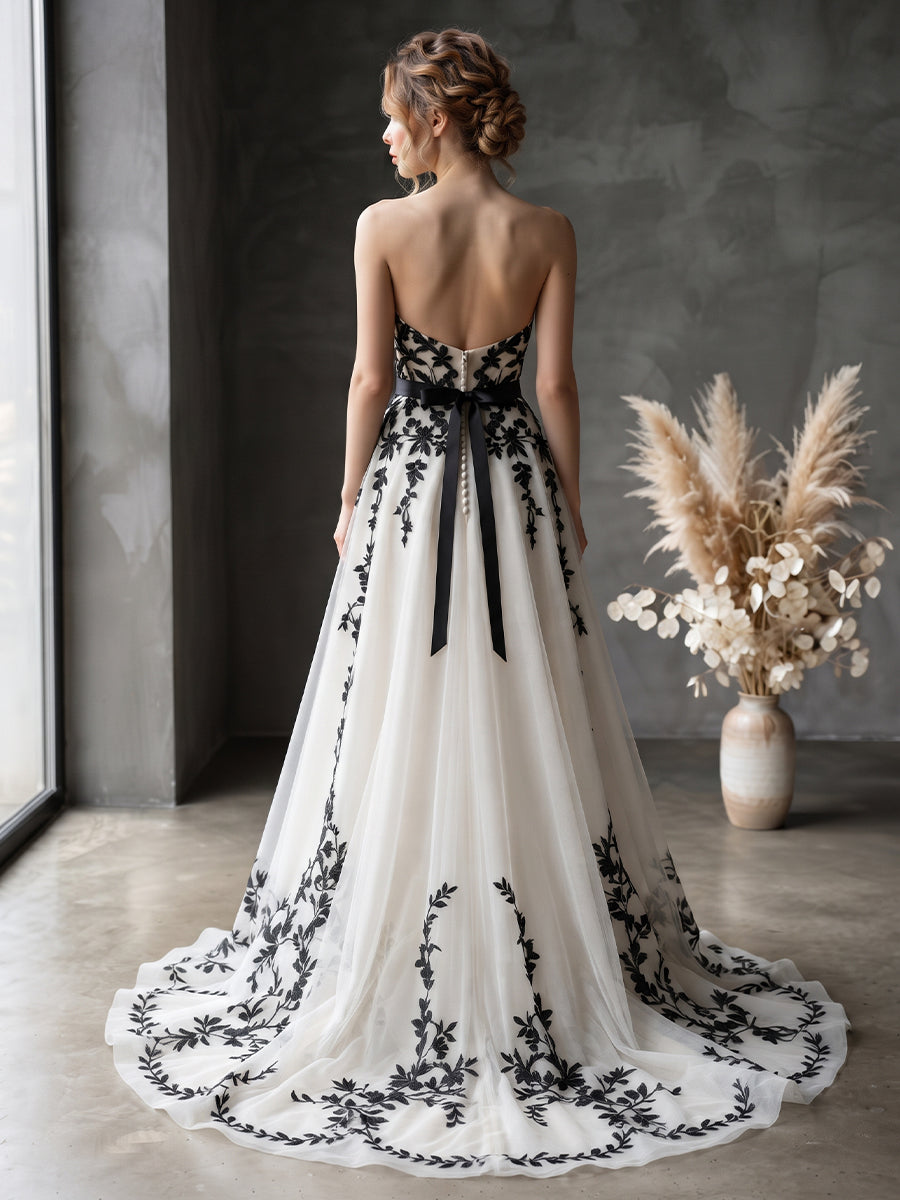 Tulle Embroidery A-Line Strapless Bridal Gowns High Low Ruffles Wedding Dresses