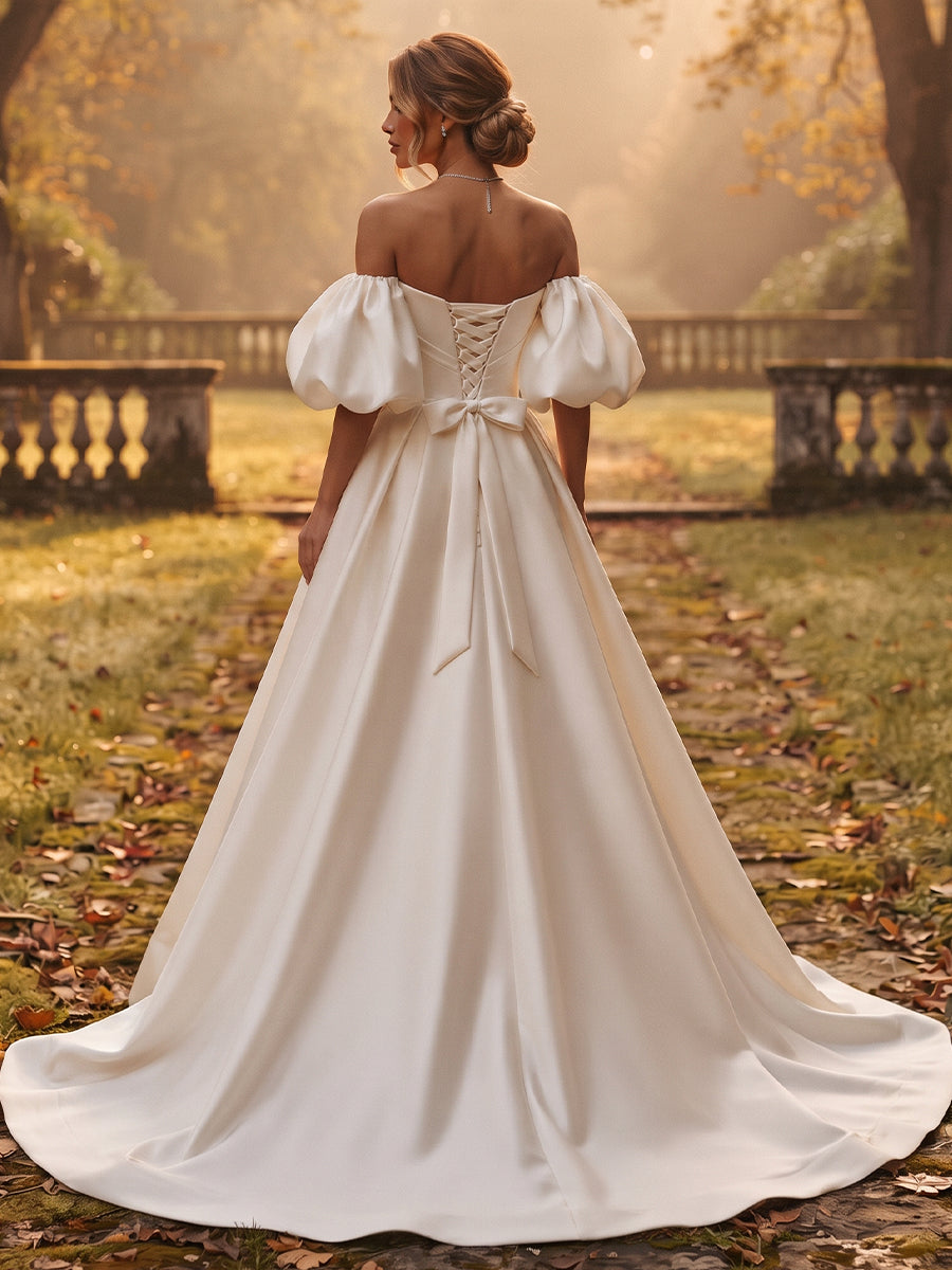Satin Ball Gown Off-the-Shoulder Bridal Gowns Floor Length Ruched Wedding Dresses
