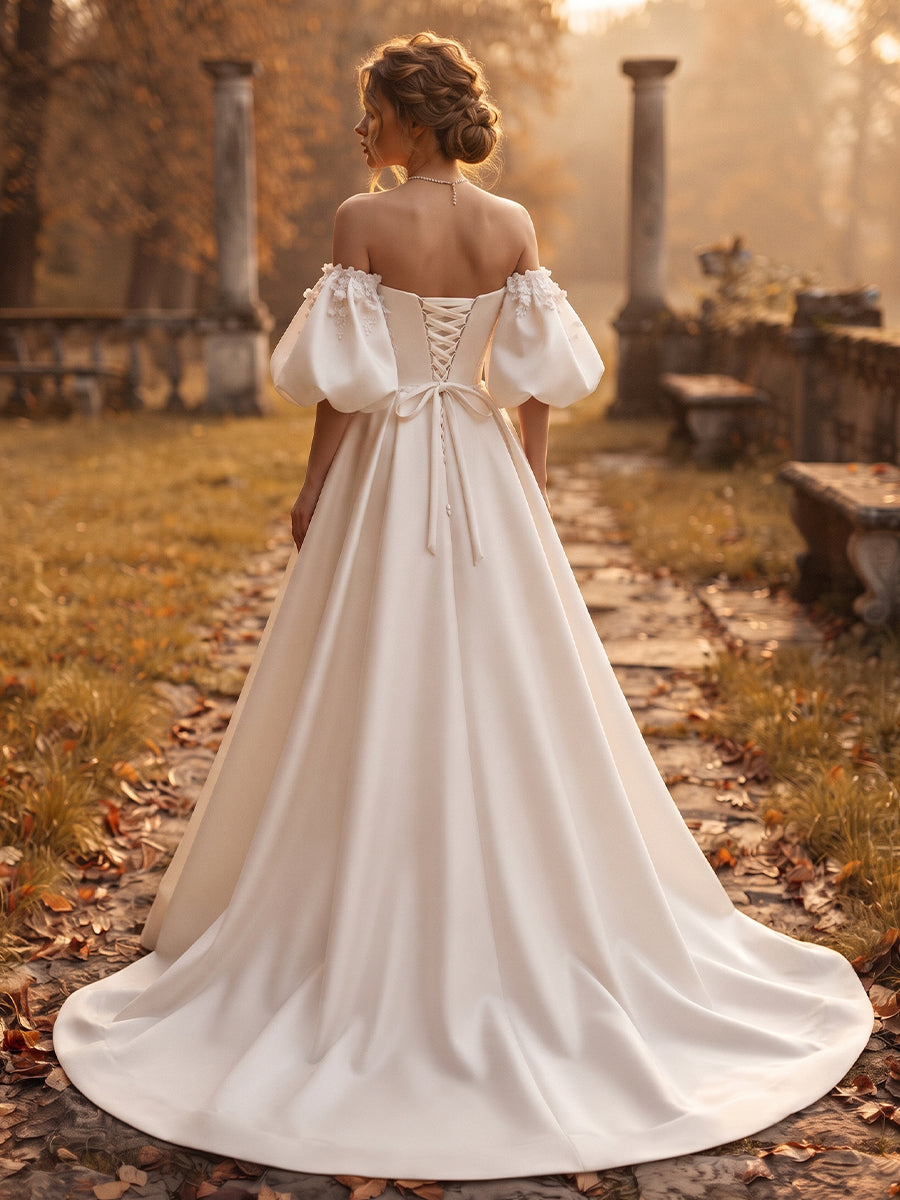 Satin Ball Gown Off-the-Shoulder Bridal Gowns Floor Length Corset Bodice Wedding Dresses