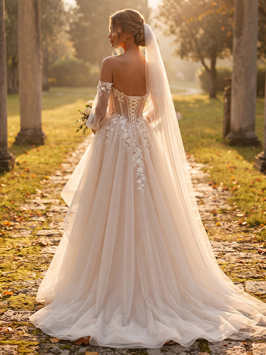 Tulle Ball Gown Off-the-Shoulder Bridal Gowns Floor Length Corset Bodice Wedding Dresses