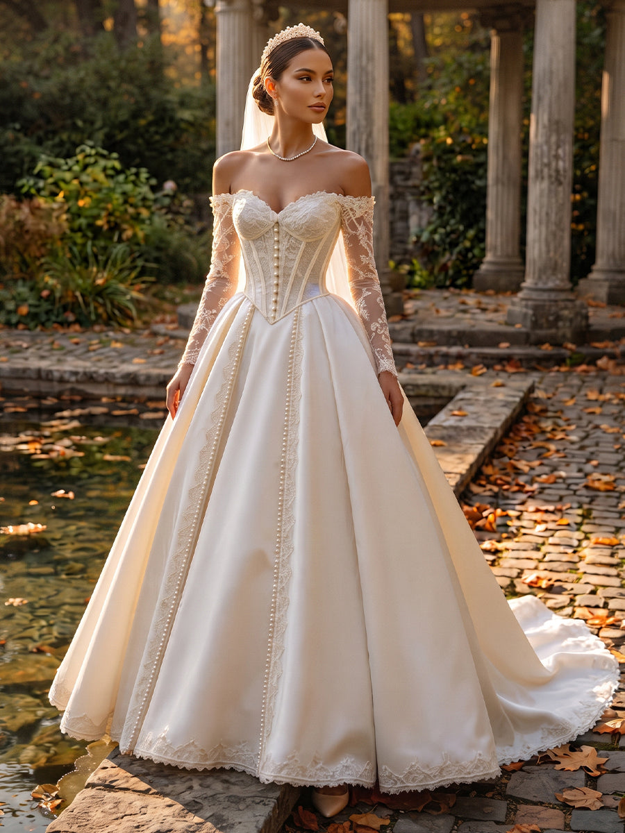 Satin Ball Gown Off-the-Shoulder Bridal Gowns Floor Length Corset Bodice Wedding Dresses