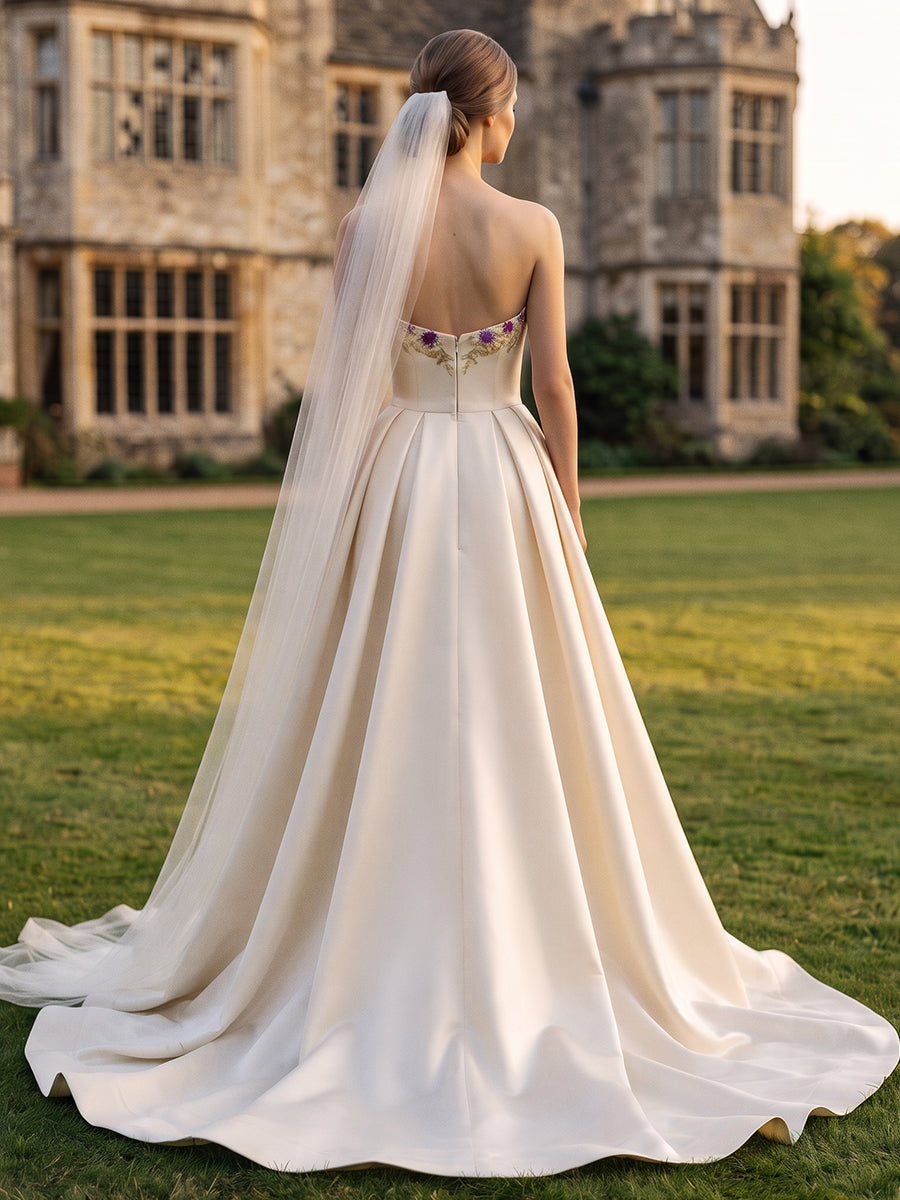 Satin A-Line V-Neck Bridal Gowns Floor Length Floral Embroidery Wedding Dresses with Slit