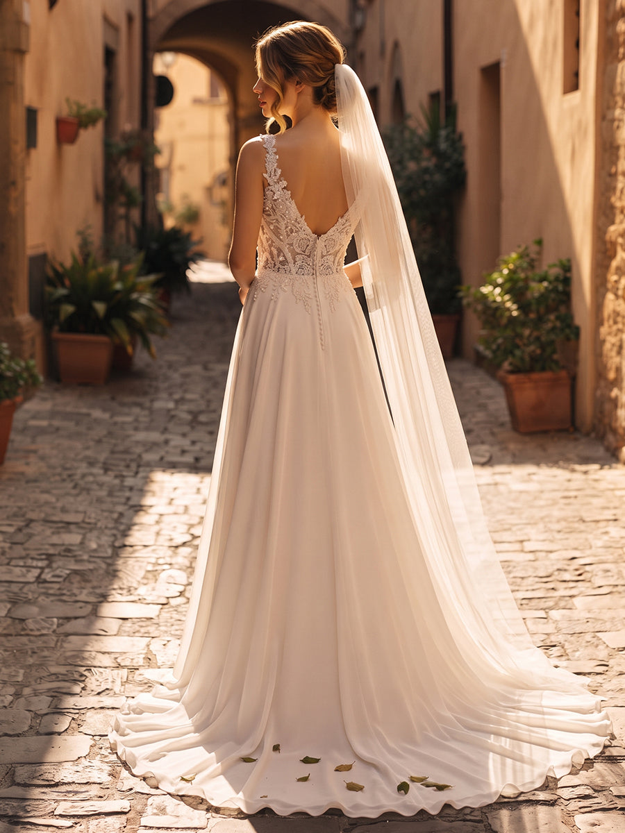 Chiffon A-Line V-Neck Bridal Gowns Floor Length Corset Bodice Wedding Dresses with Slit