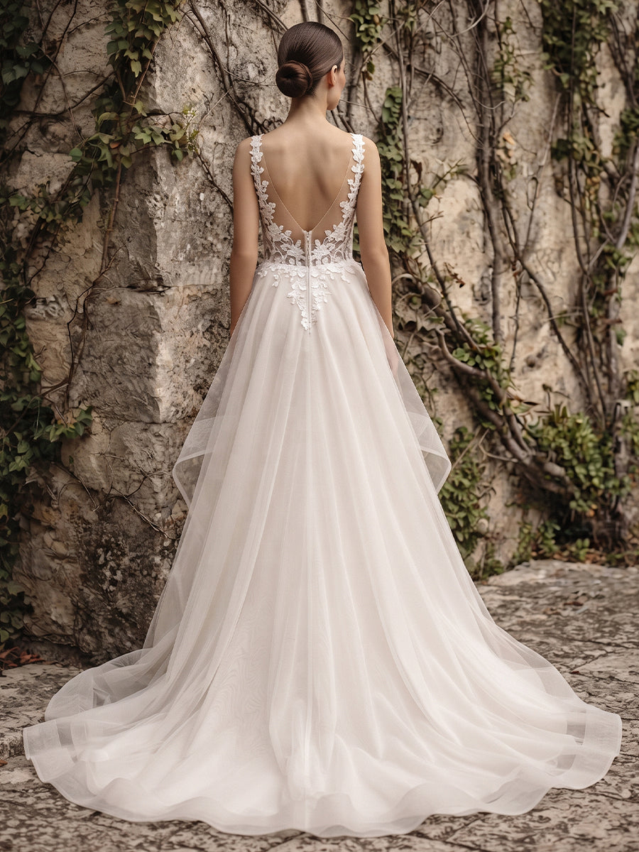 Organza A-Line V-Neck Bridal Gowns Floor Length Lace Appliques Wedding Dresses with Slit