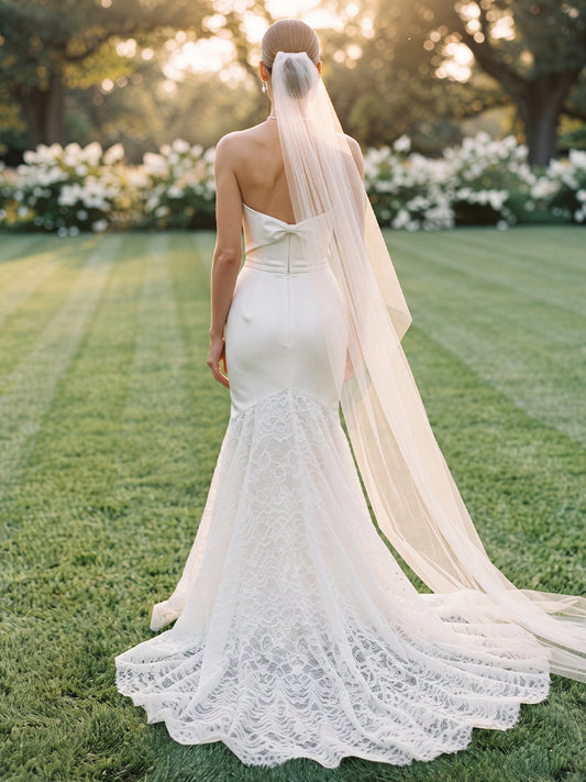 Satin Mermaid Strapless Bridal Gowns Floor Length Lace Wedding Dresses