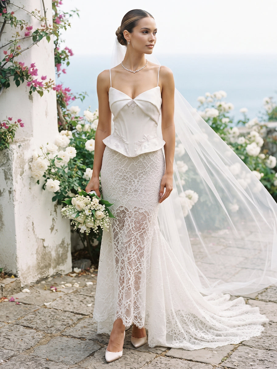 Lace Mermaid Spaghetti Straps Bridal Gowns Floor Length Lace Appliques Wedding Dresses