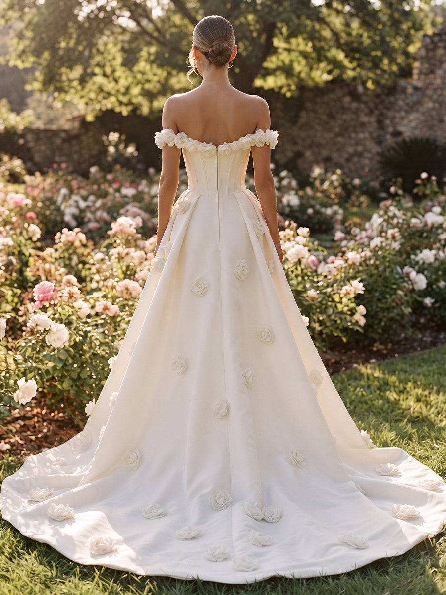 Satin Mermaid Off-the-Shoulder Bridal Gowns Floor Length 3D Floral Applique Wedding Dresses