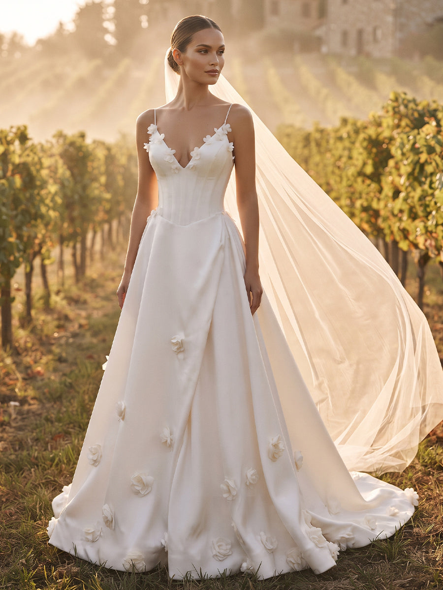Satin A-Line Spaghetti Straps Bridal Gowns Floor Length 3D Floral Applique Wedding Dresses