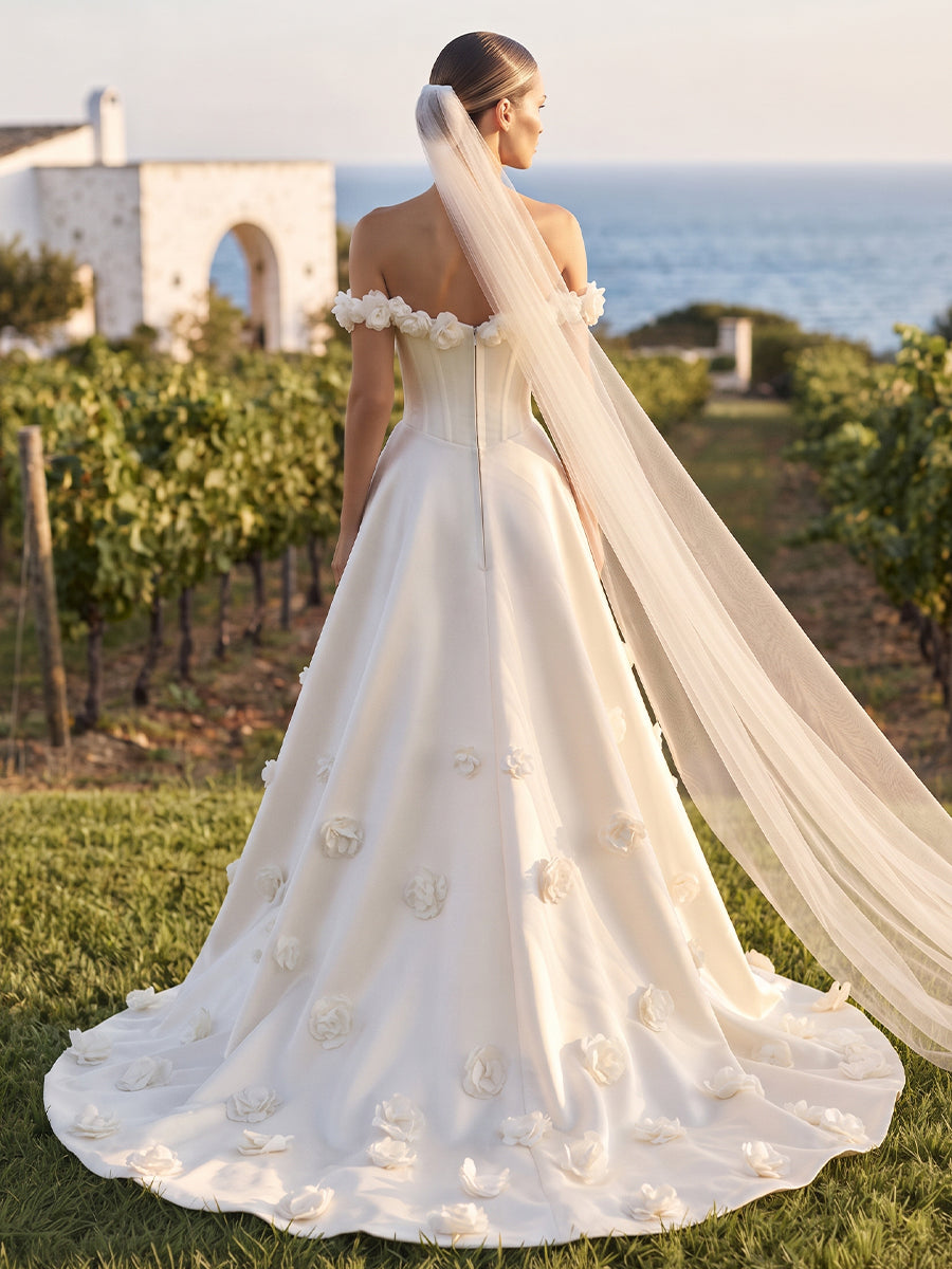 Satin A-Line Off-the-Shoulder Bridal Gowns Floor Length 3D Floral Applique Wedding Dresses