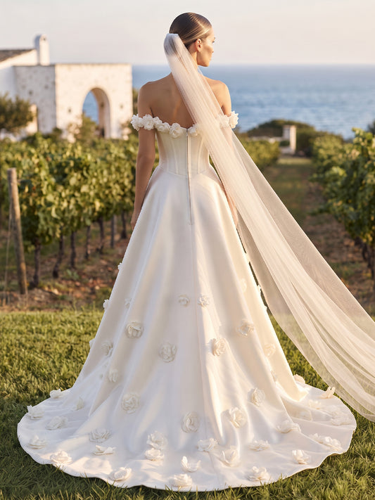 Satin A-Line Off-the-Shoulder Bridal Gowns Floor Length 3D Floral Applique Wedding Dresses