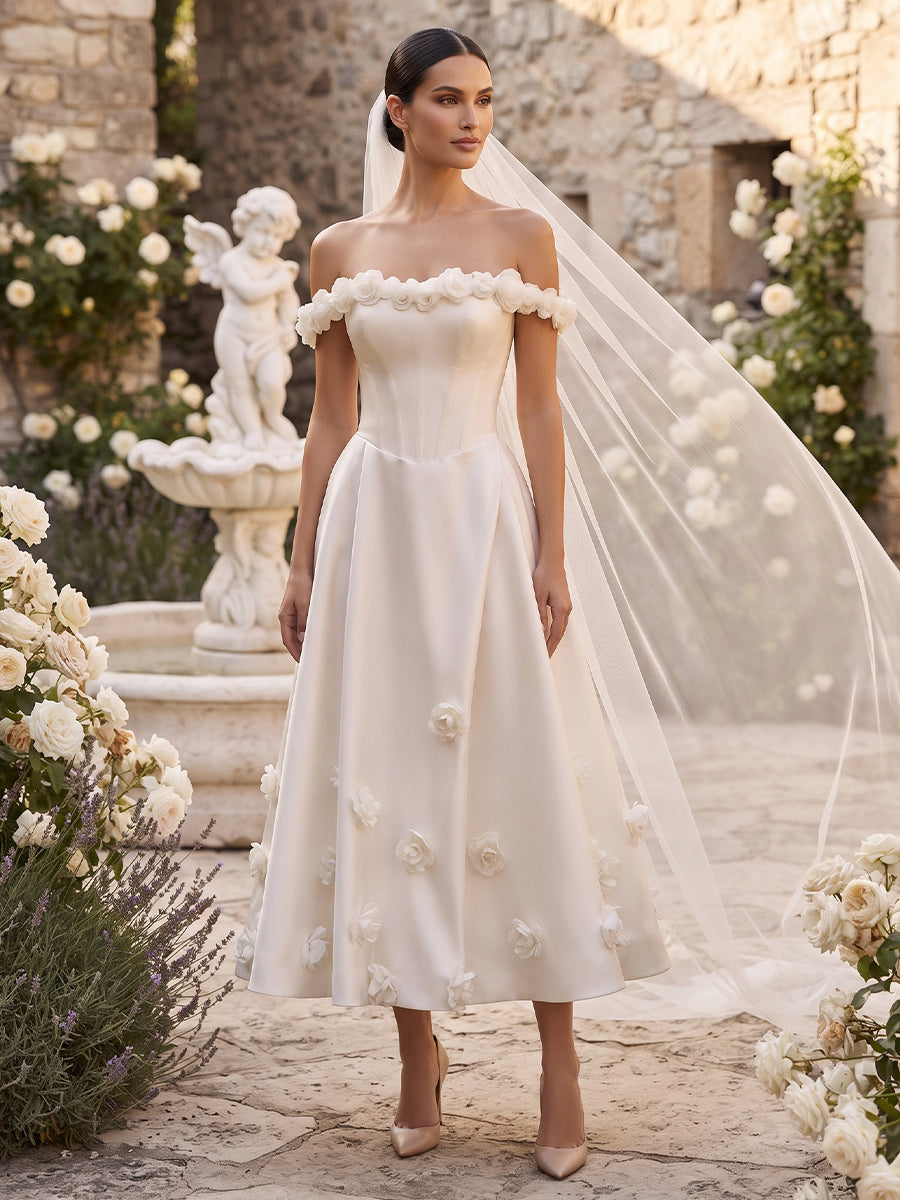 Satin A-Line Off-the-Shoulder Bridal Gowns Tea Length 3D Floral Applique Wedding Dresses