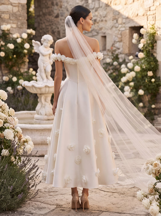 Satin A-Line Off-the-Shoulder Bridal Gowns Tea Length 3D Floral Applique Wedding Dresses