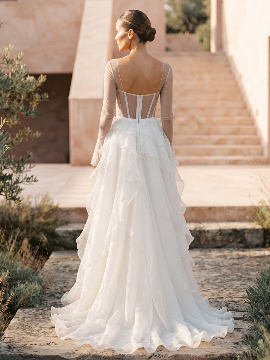Chiffon A-Line Sweetheart Bridal Gowns Floor Length Corset Bodice Wedding Dresses