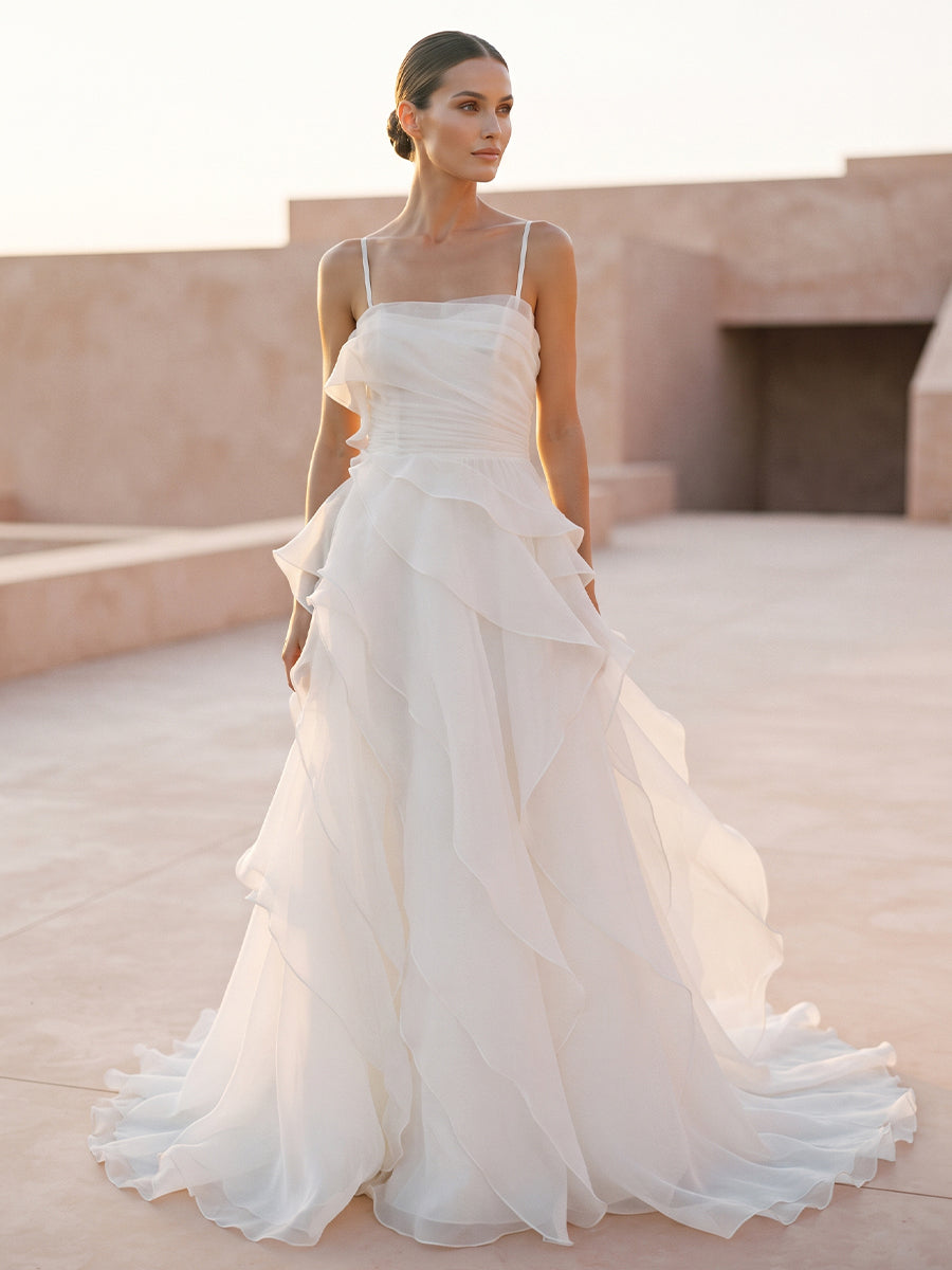 Chiffon A-Line Spaghetti Straps Bridal Gowns Floor Length Ruched Wedding Dresses
