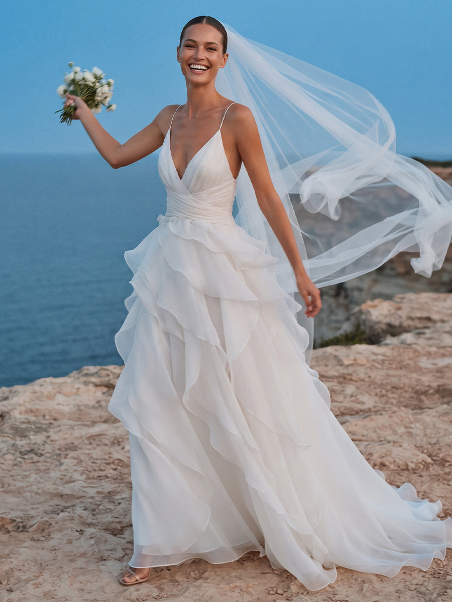 Chiffon A-Line Spaghetti Straps Bridal Gowns Floor Length Ruched Wedding Dresses