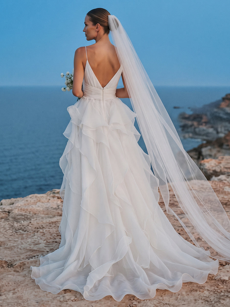 Chiffon A-Line Spaghetti Straps Bridal Gowns Floor Length Ruched Wedding Dresses