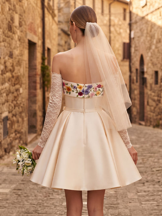 Satin A-Line Strapless Bridal Gowns Short Floral Embroidery Wedding Dresses
